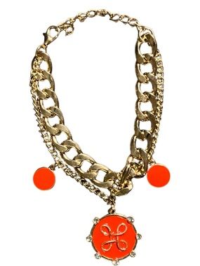 Chunky Gold Tone Chain Bracelet Orange Enamel Charm Statement Bold Adjustable
